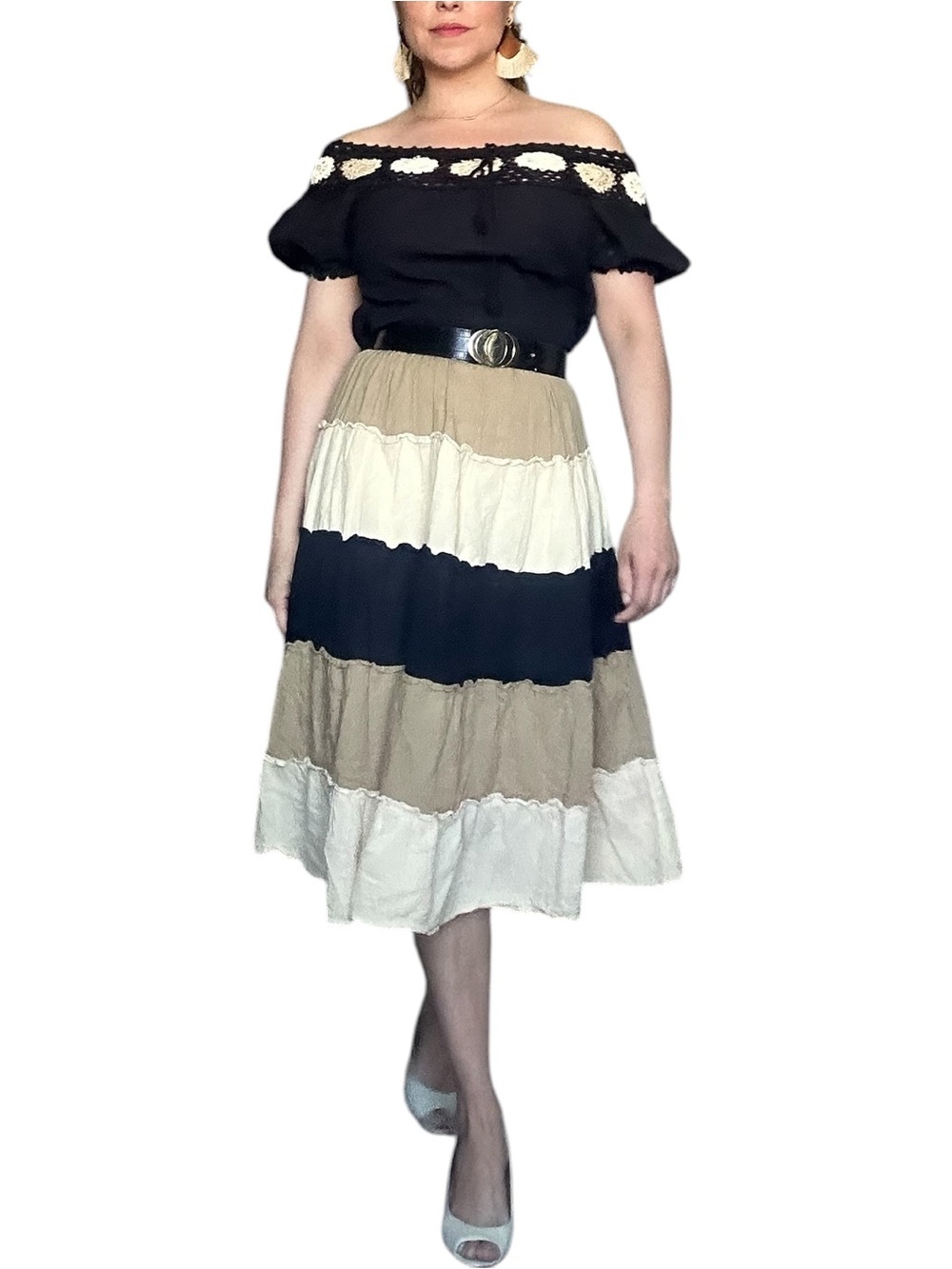 Off Shoulder Cotton Midi Dress Crochet Detail - Small